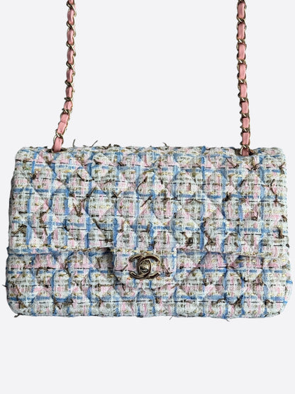 Chanel Light Blue & Pink Tweed Quilted Medium Flap Bag