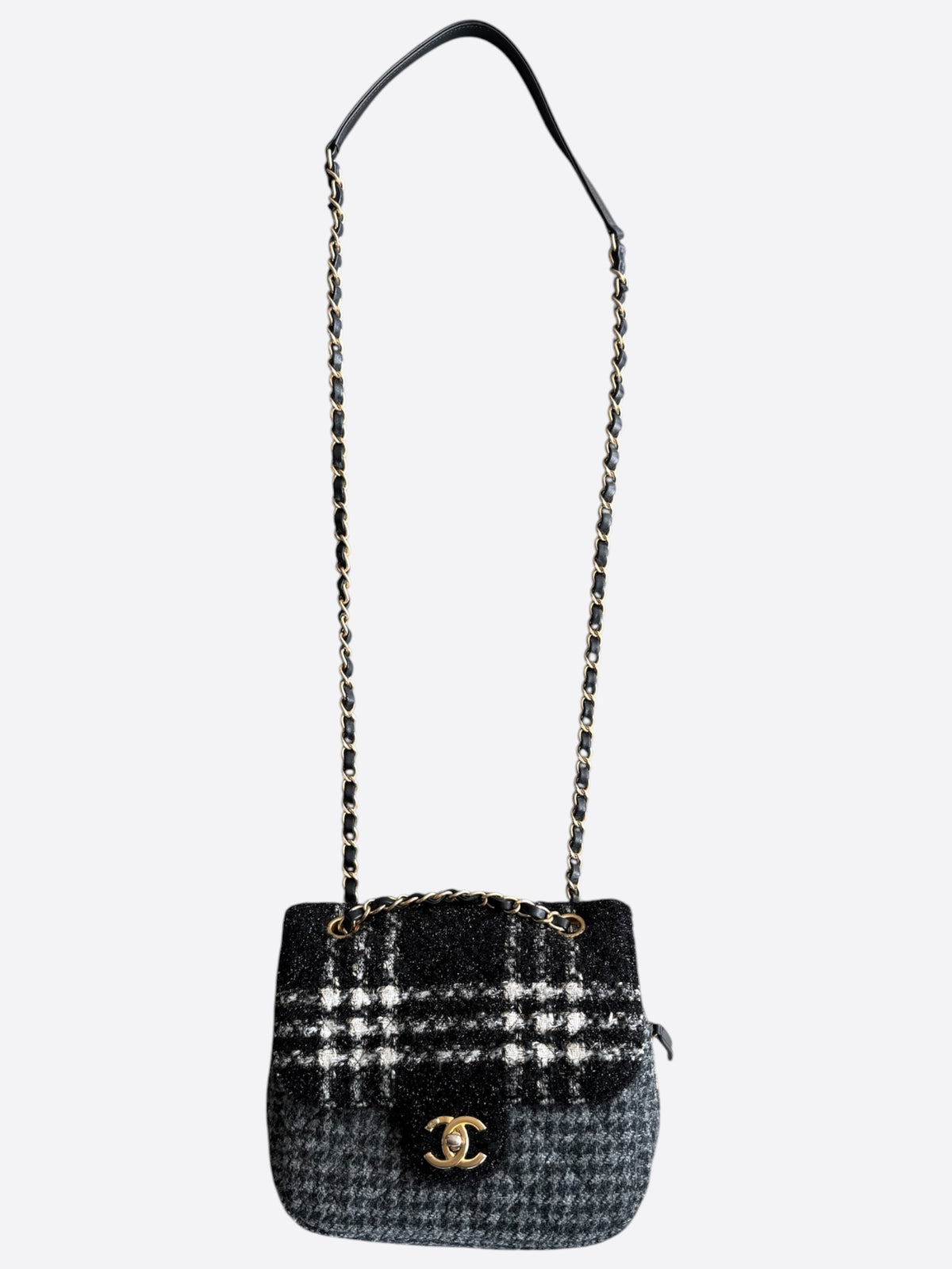 Chanel Black, White & Grey Tweed Quilted Square Zip Flap Bag