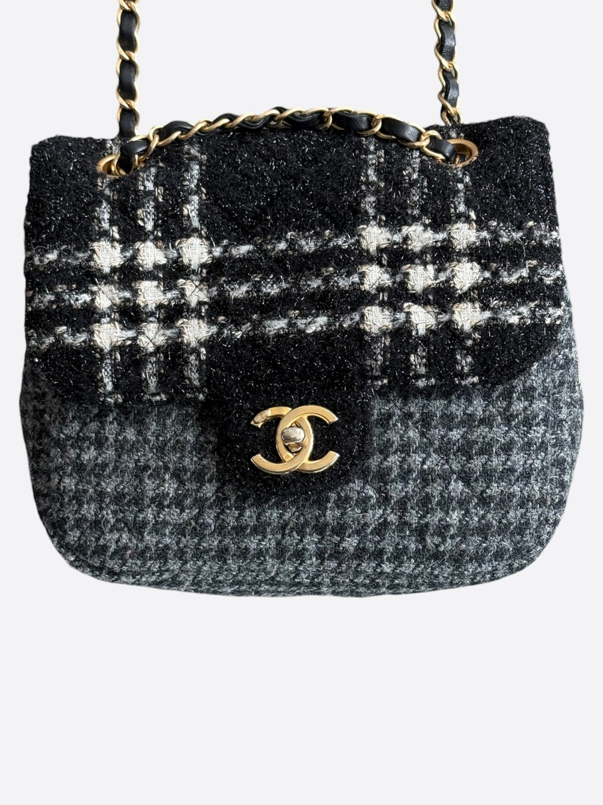 Chanel Black, White & Grey Tweed Quilted Square Zip Flap Bag