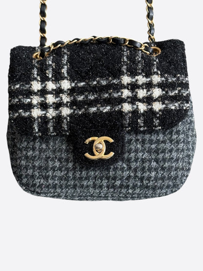 Chanel Black, White & Grey Tweed Quilted Square Zip Flap Bag