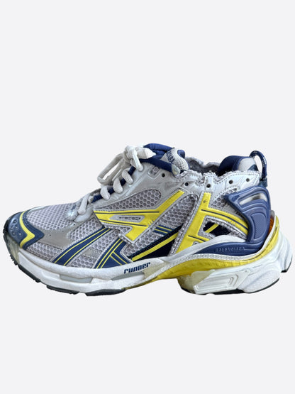 Balenciaga White, Blue & Yellow Mesh Runner Sneakers