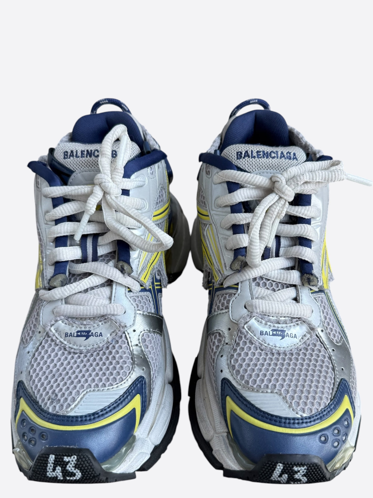 Balenciaga White, Blue & Yellow Mesh Runner Sneakers