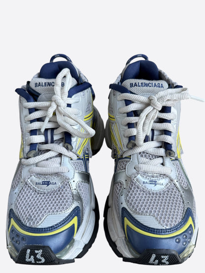 Balenciaga White, Blue & Yellow Mesh Runner Sneakers