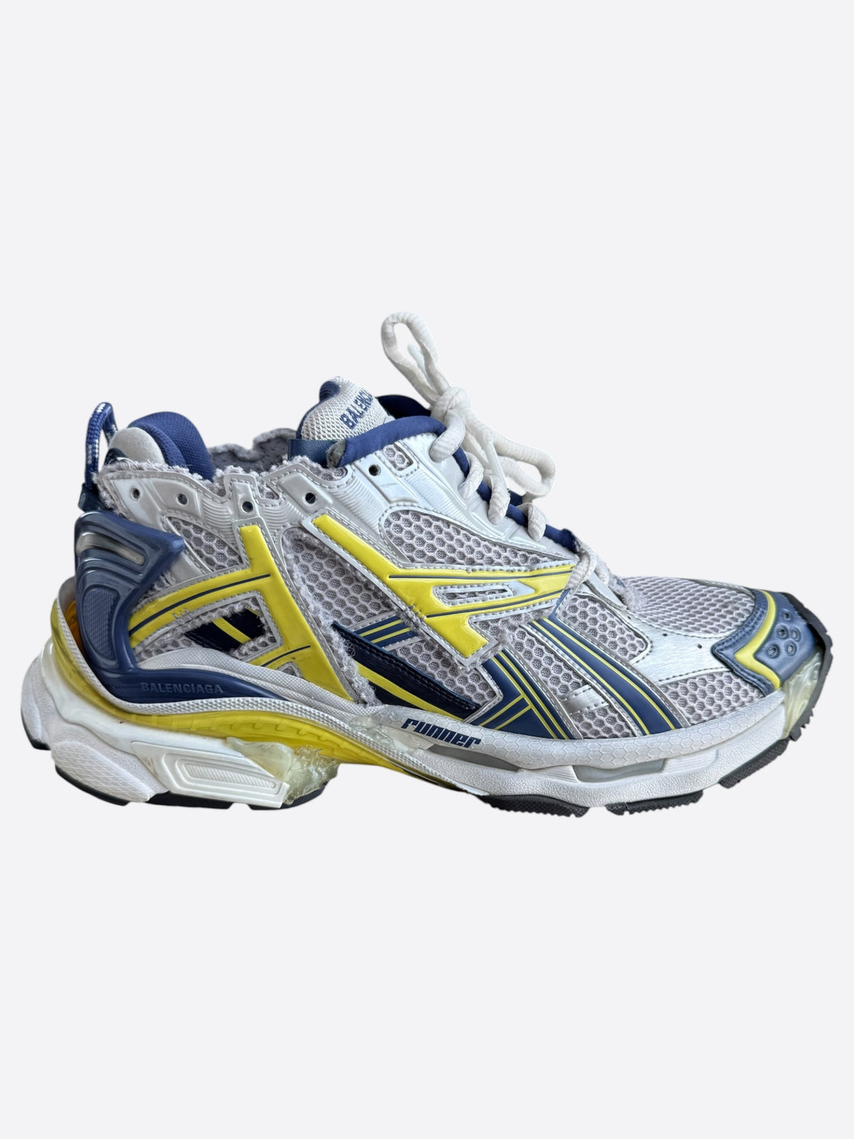 Balenciaga White, Blue & Yellow Mesh Runner Sneakers