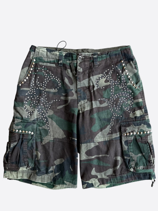 Bossi Green Camouflage Rhinestone Embellished Cargo Shorts