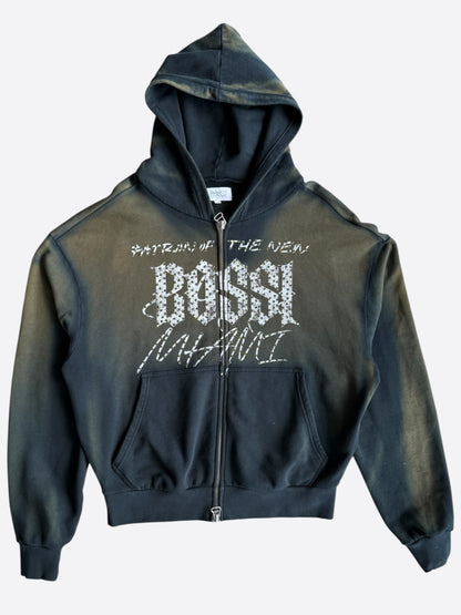 Bossi POTN Faded Black & White Rhinestone Embellished Zip Up Hoodie
