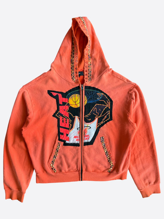 Bossi Orange Rhinestone Miami Heat Graphic Zip Up Hoodie
