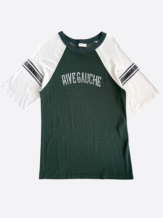 Saint Laurent Green & White Rive Gauche Logo Raglan T-Shirt