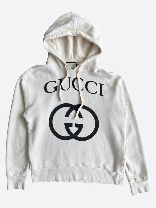 Gucci White & Black Interlocking GG Logo Hoodie