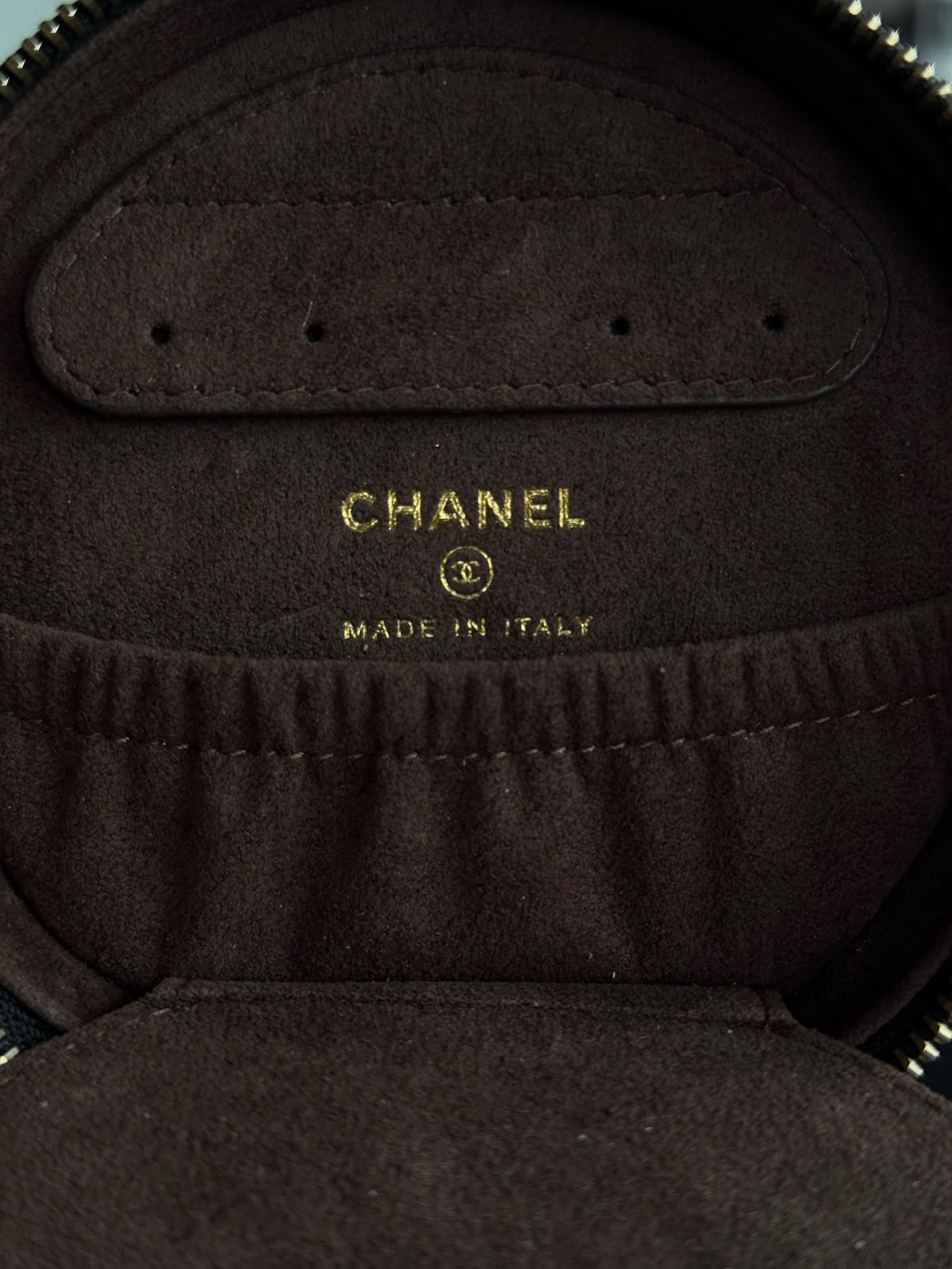 Chanel Black Caviar Quilted Round Top Handle Jewelry Case