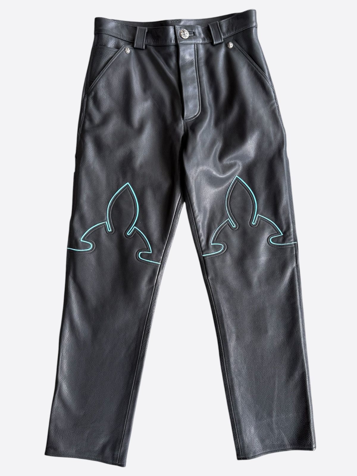 Chrome Hearts St. Barth Black & Blue leather Fleur Knee Pants