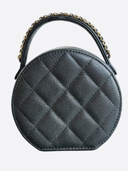 Chanel Black Caviar Quilted Round Top Handle Jewelry Case