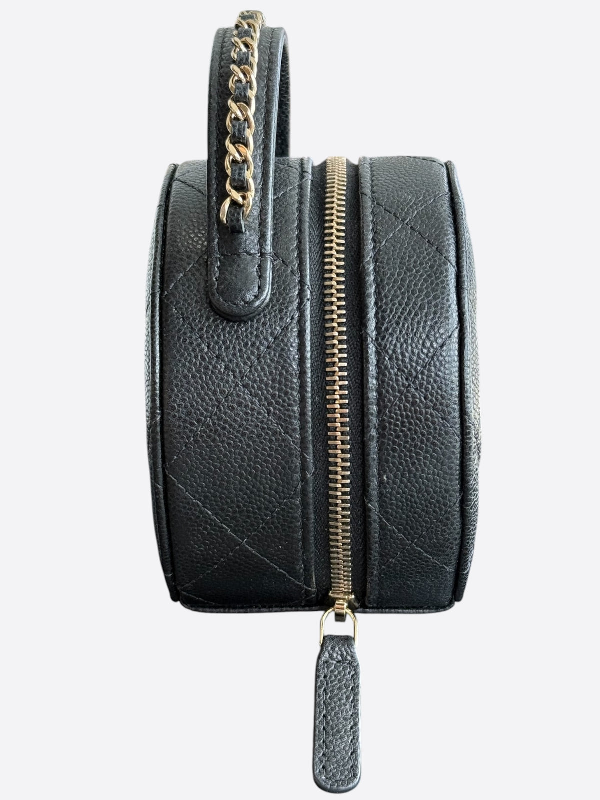 Chanel Black Caviar Quilted Round Top Handle Jewelry Case