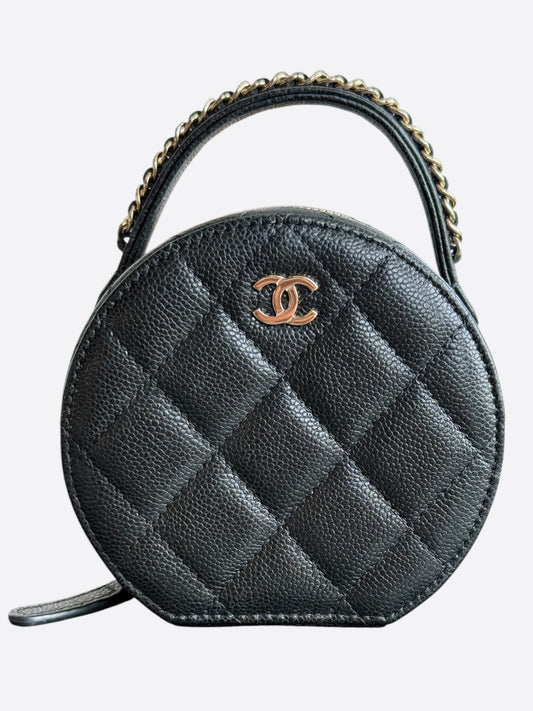 Chanel Black Caviar Quilted Round Top Handle Jewelry Case
