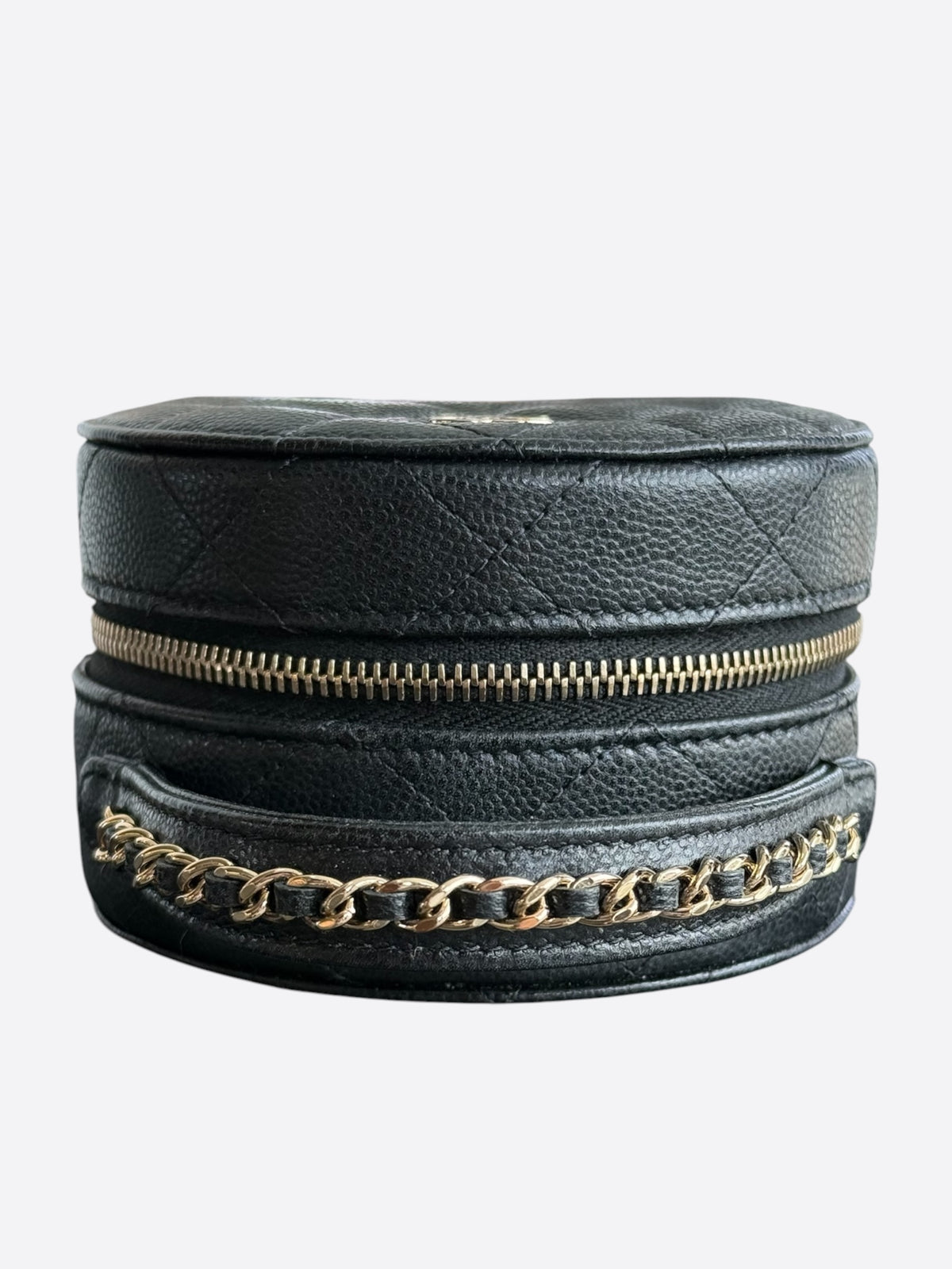 Chanel Black Caviar Quilted Round Top Handle Jewelry Case