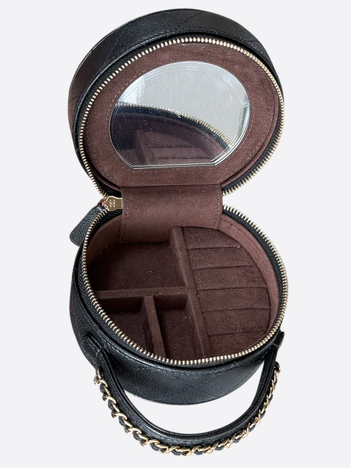 Chanel Black Caviar Quilted Round Top Handle Jewelry Case