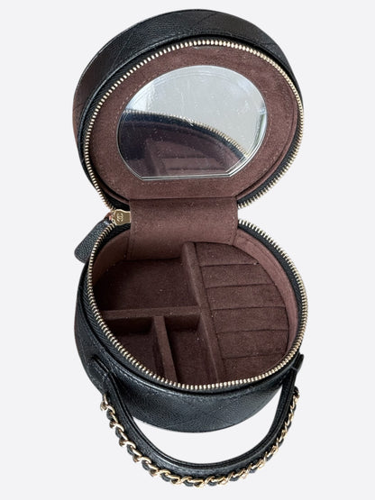 Chanel Black Caviar Quilted Round Top Handle Jewelry Case