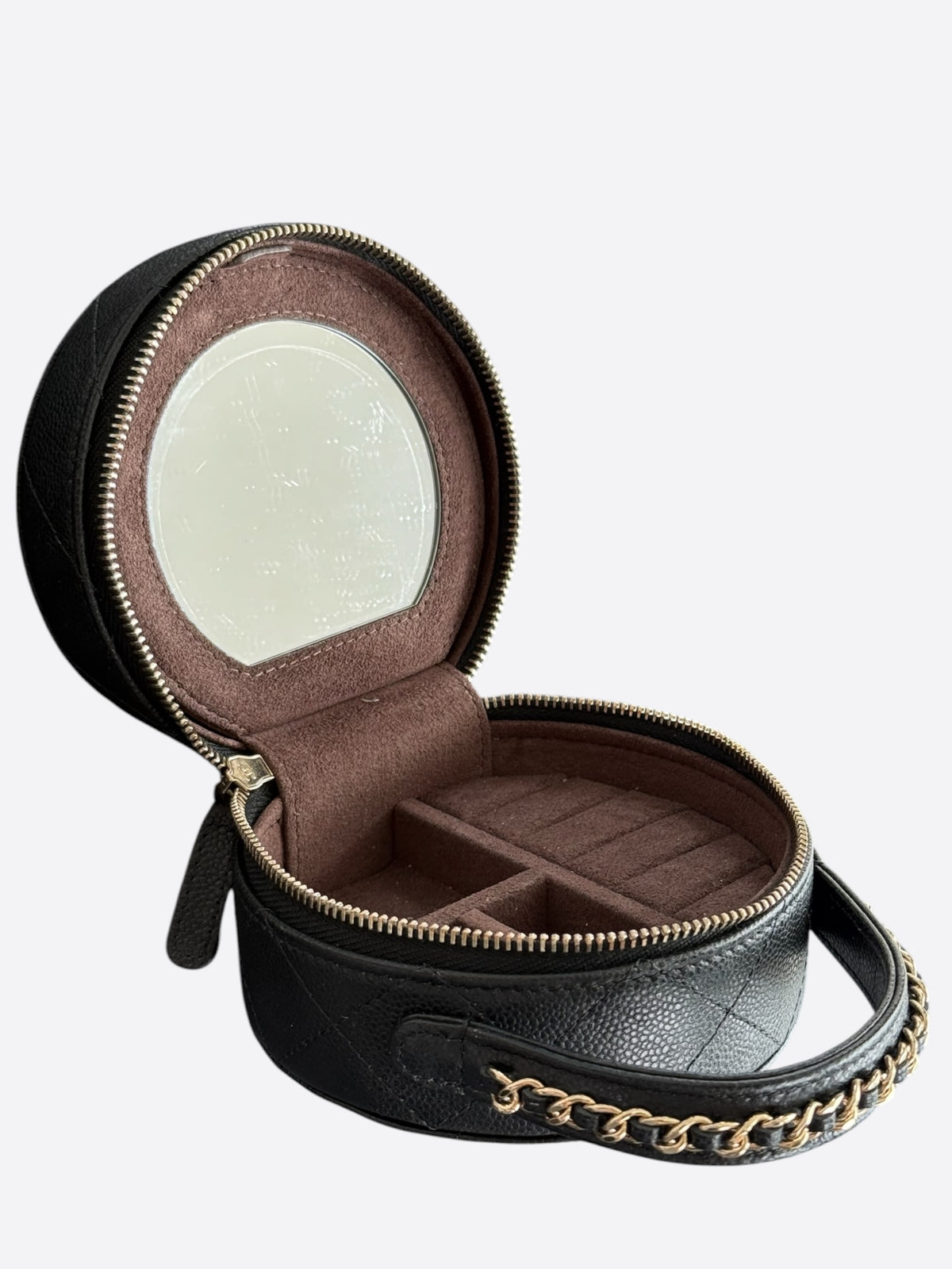 Chanel Black Caviar Quilted Round Top Handle Jewelry Case