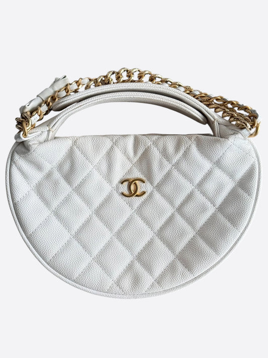 Chanel White Caviar Quilted Bow Pouch Hobo Bag