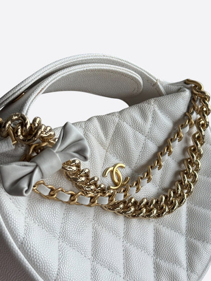 Chanel White Caviar Quilted Bow Pouch Hobo Bag