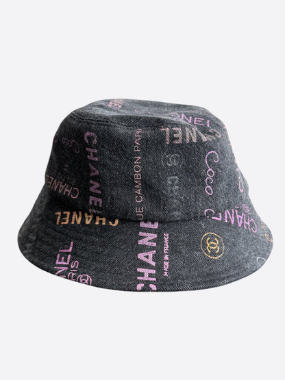 Chanel Grey & Multicolor Denim Graffiti CC Logo Bucket Hat