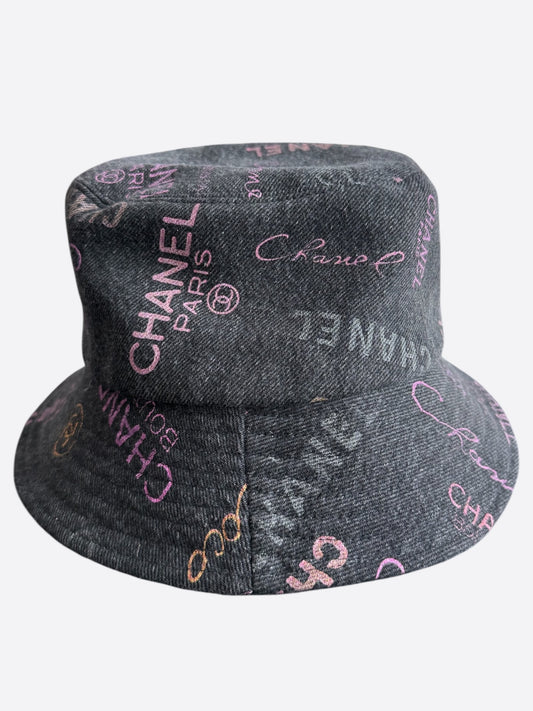Chanel Grey & Multicolor Denim Graffiti CC Logo Bucket Hat