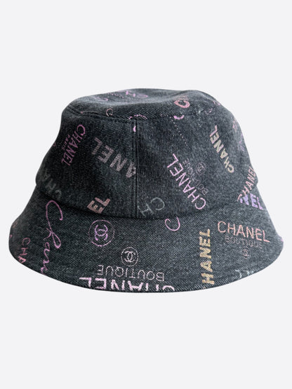 Chanel Grey & Multicolor Denim Graffiti CC Logo Bucket Hat