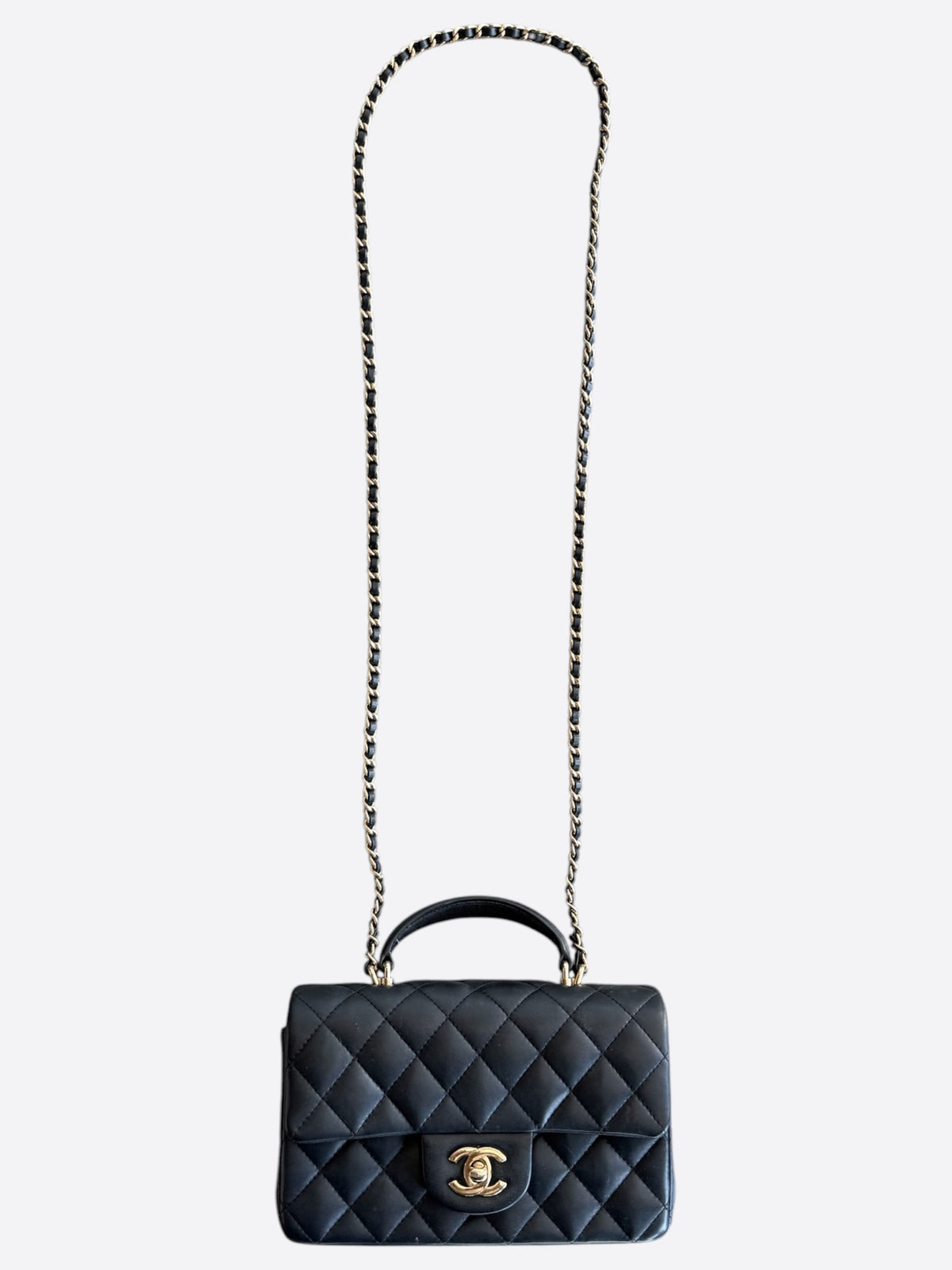 Chanel Black Lambskin Quilted Mini Top Handle Flap Bag