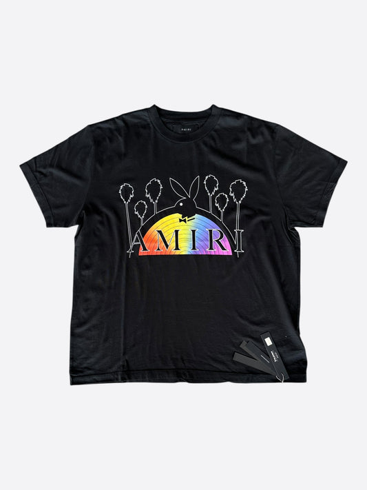 Amiri Playboy Black & Rainbow Bunny Logo T-Shirt