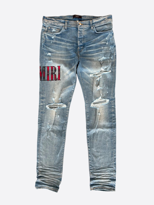 Amiri Clay Indigo Red Flannel Core Applique Logo Jeans