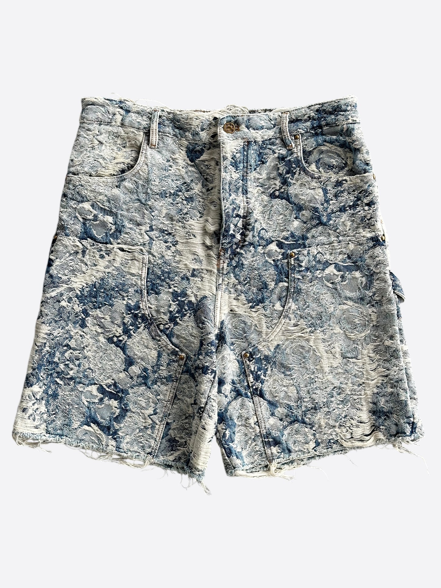 Louis Vuitton Blue & White Floral Distressed Carpenter Shorts