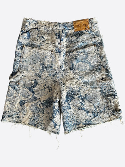 Louis Vuitton Blue & White Floral Distressed Carpenter Shorts