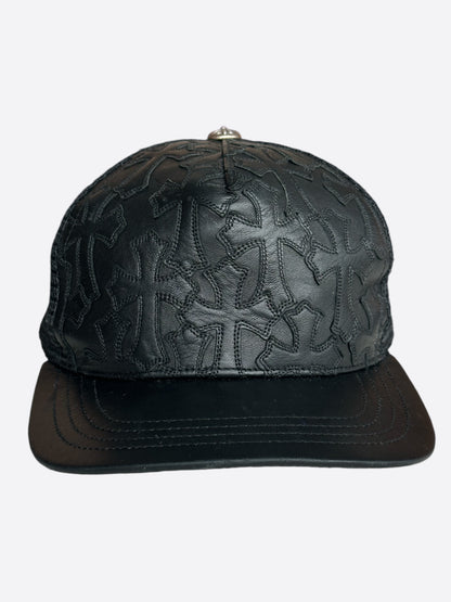 Chrome Hearts Black Leather Cemetery Cross Patch Trucker Hat