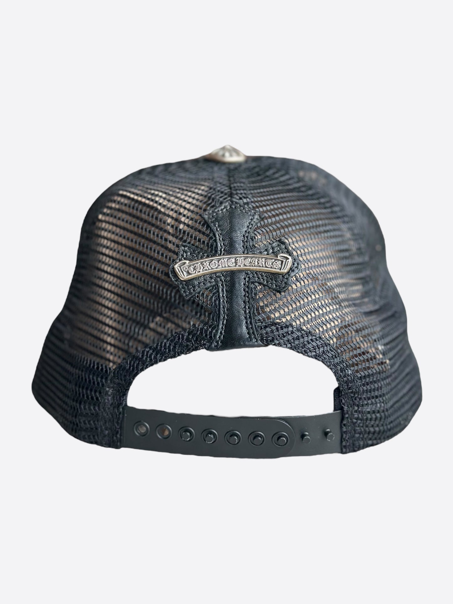 Chrome Hearts Black Leather Cemetery Cross Patch Trucker Hat