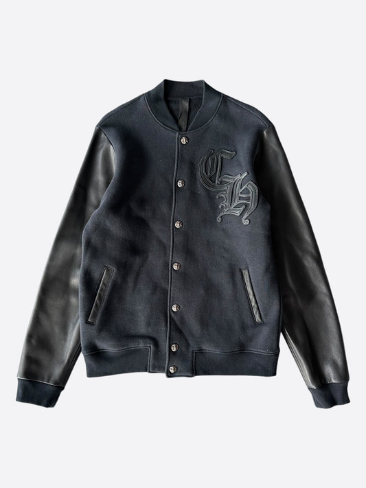 Chrome Hearts Black Leather Varsity Jacket