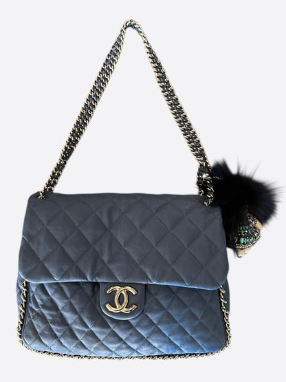 Chanel Navy Lambskin Quilted Chain Around Maxi Flap Bag