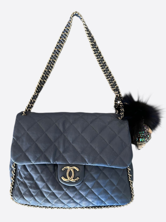 Chanel Navy Lambskin Quilted Chain Around Maxi Flap Bag