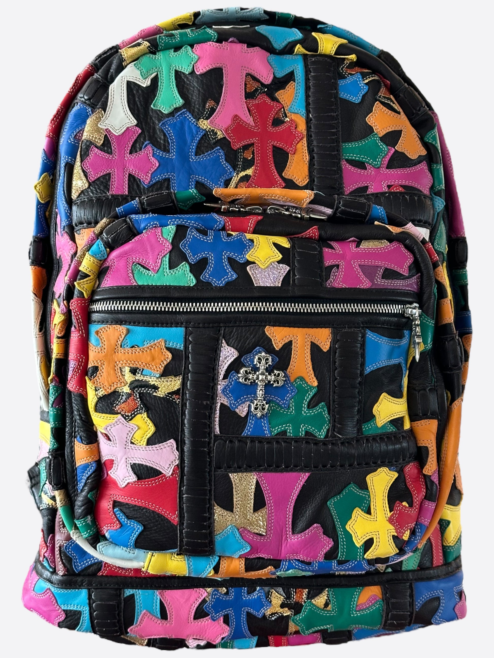 chrome hearts backpack mini Chrome Hearts Black Multicolor Cross Patch Leather Backpack – Savonches