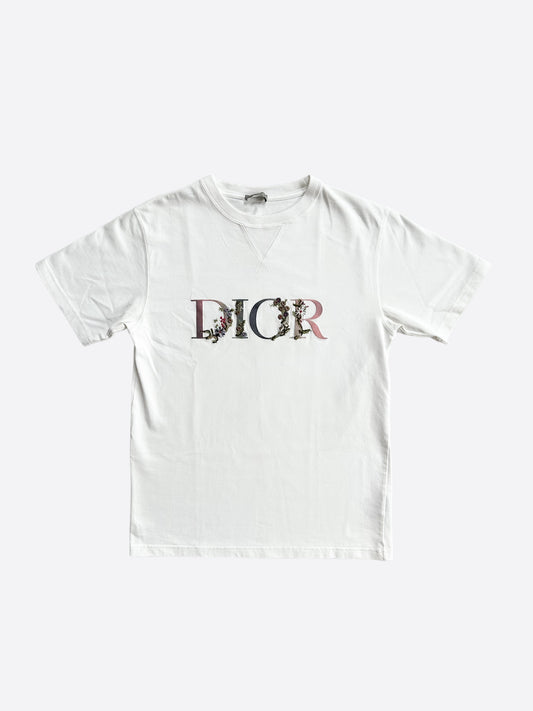 Dior White Floral Logo Embroidered T-Shirt