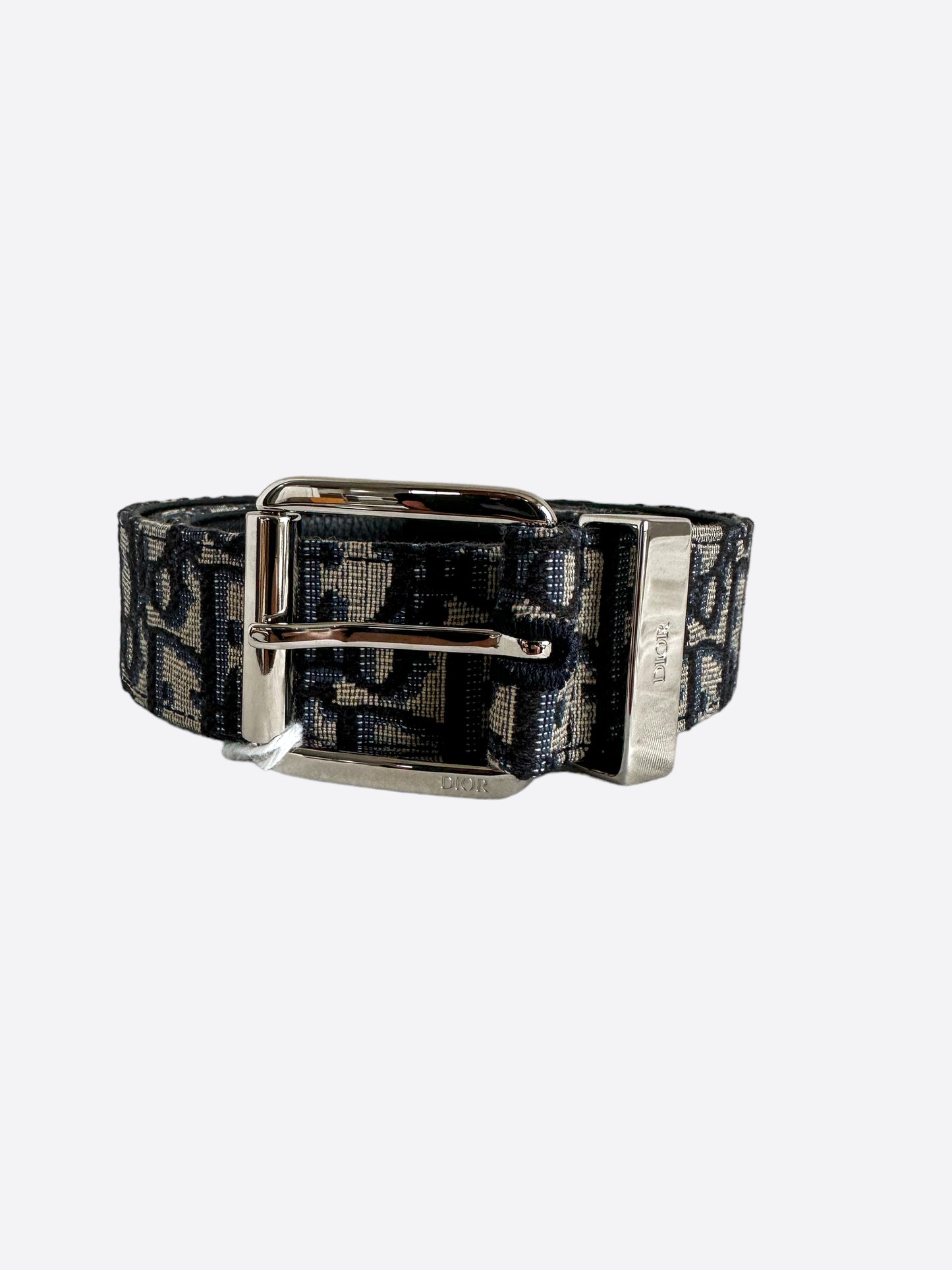 Dior Beige & Blue Oblique Silver Buckle Belt