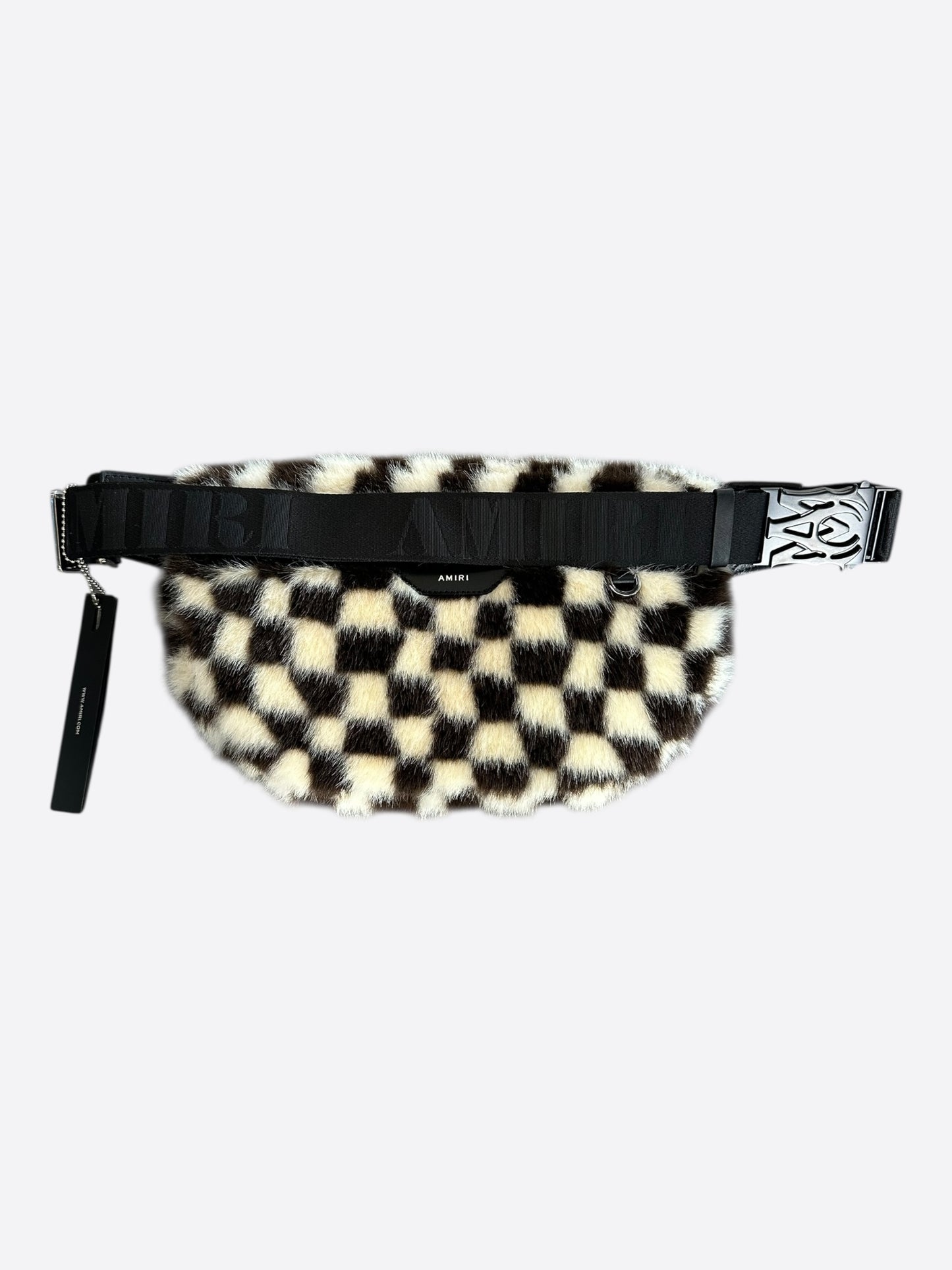 Amiri Black & White Checkered MA Logo Faux Fur Bumbag