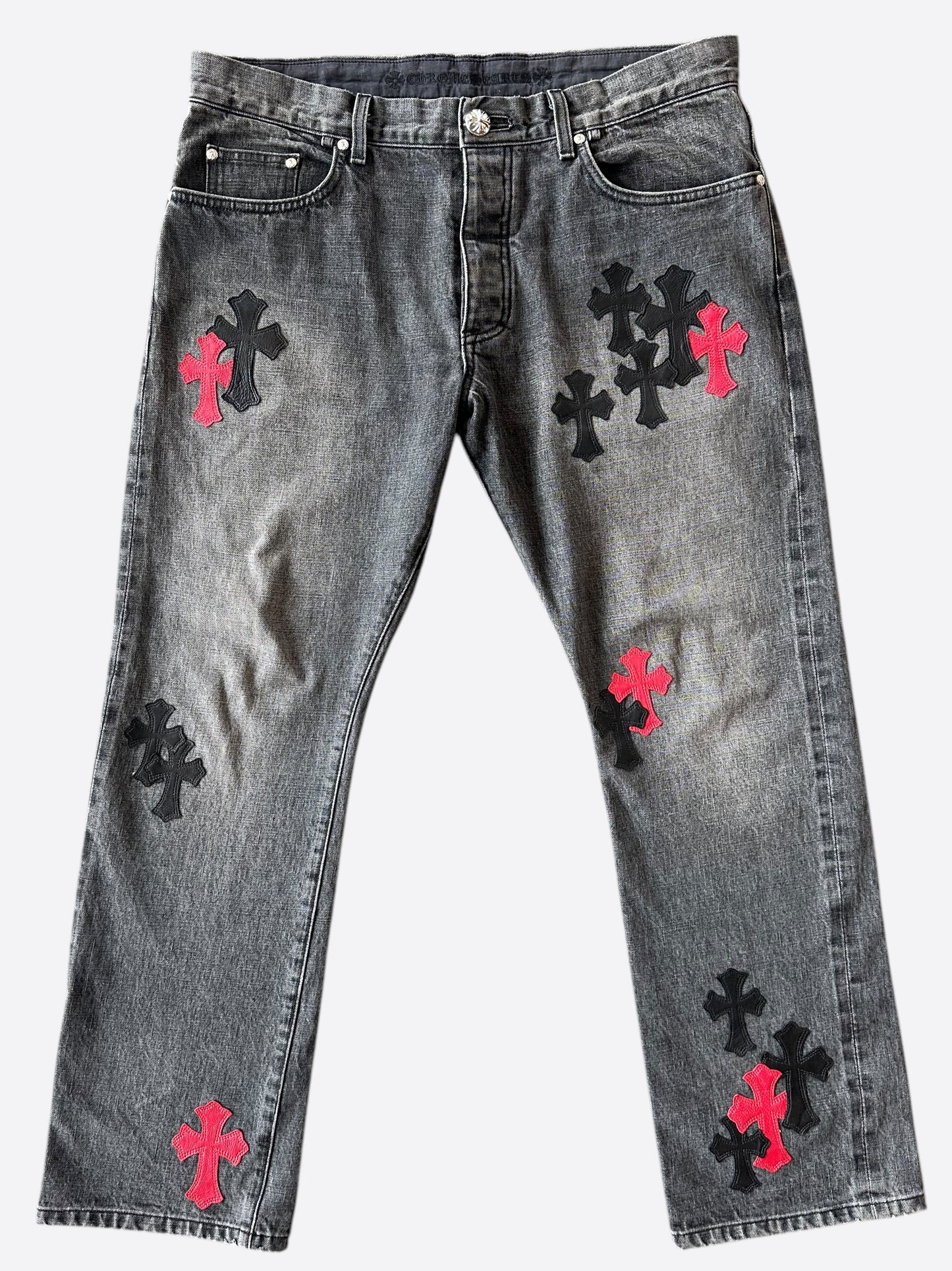 Chrome Hearts Grey Black & Red Cross Patch Jeans