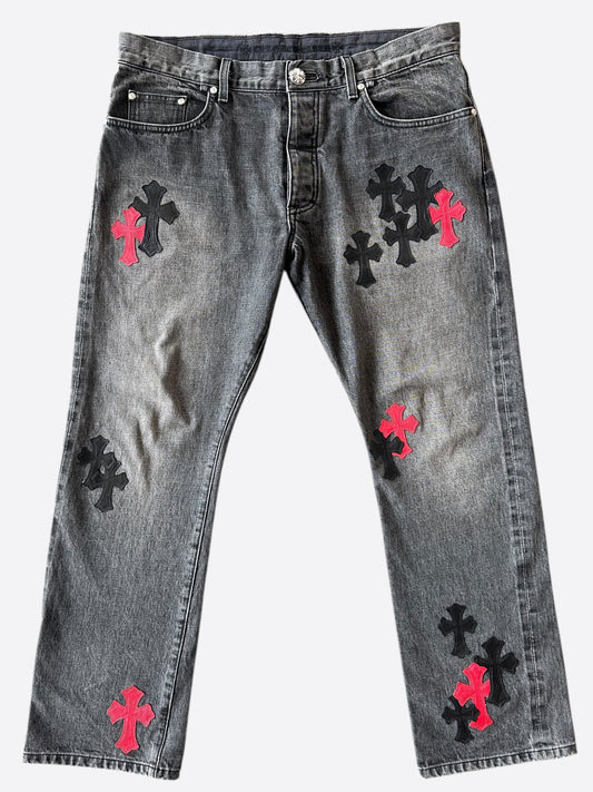 Chrome Hearts Grey Black & Red Cross Patch Jeans