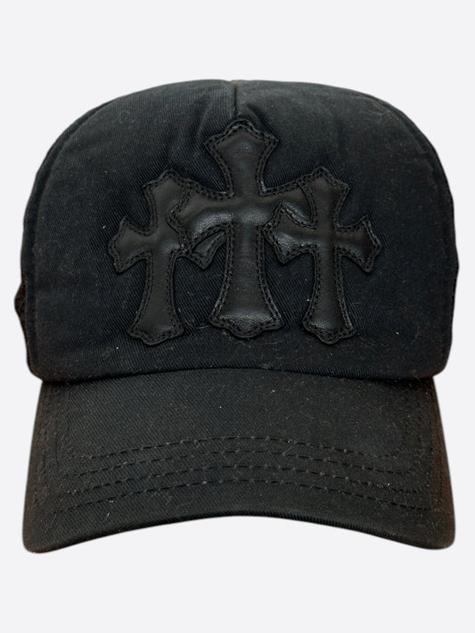 Chrome Hearts Black Triple Leather Cross Patch Trucker Hat