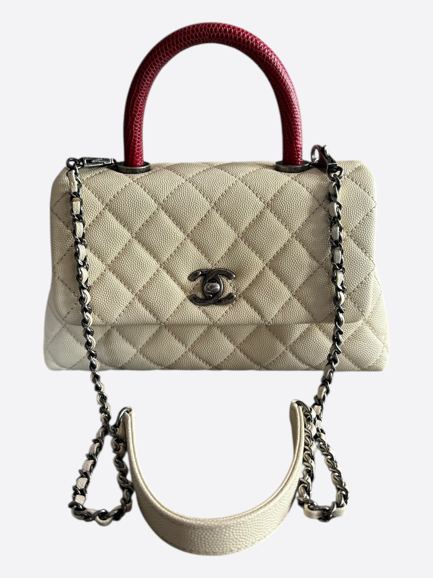 Chanel Beige & Red Caviar Quilted Small Coco Top Handle Bag