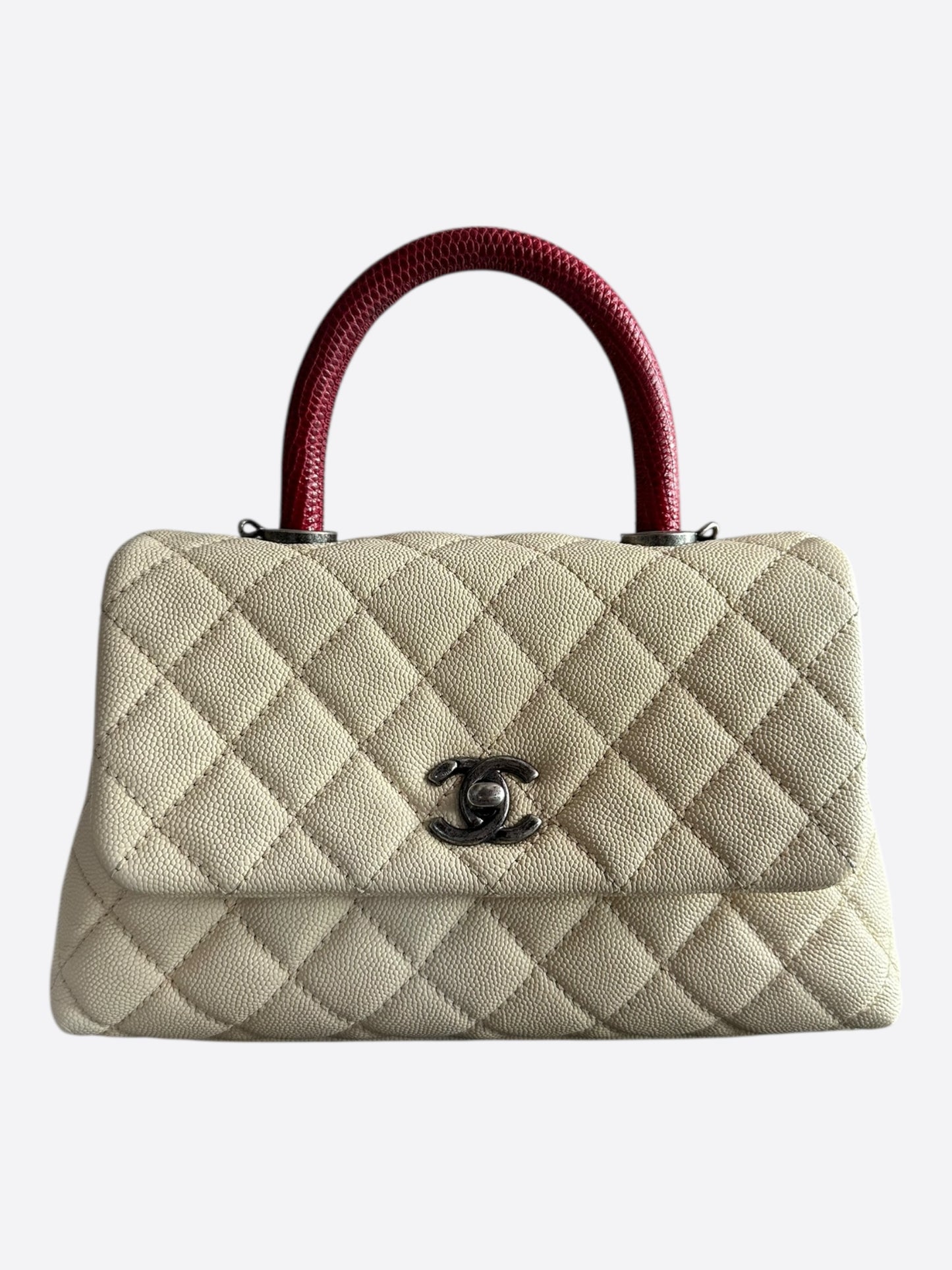 Chanel Beige & Red Caviar Quilted Small Coco Top Handle Bag