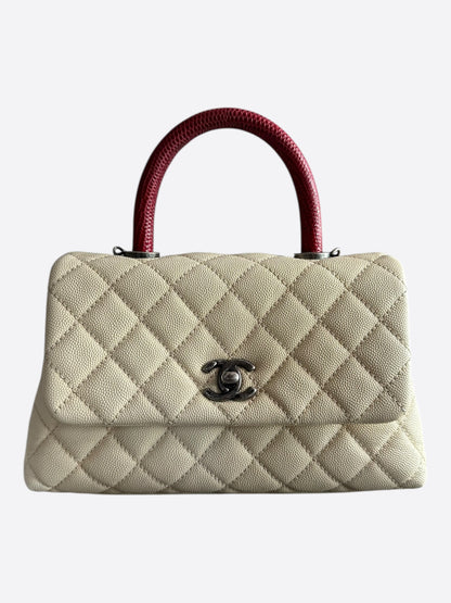 Chanel Beige & Red Caviar Quilted Small Coco Top Handle Bag