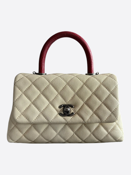 Chanel Beige & Red Caviar Quilted Small Coco Top Handle Bag