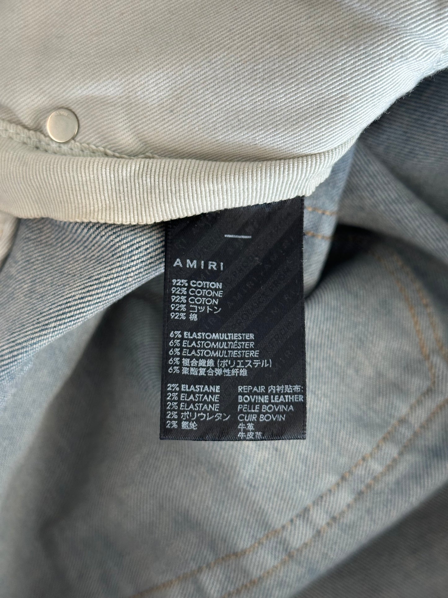 Amiri Clay Indigo Red Leather Core Applique Logo Jeans