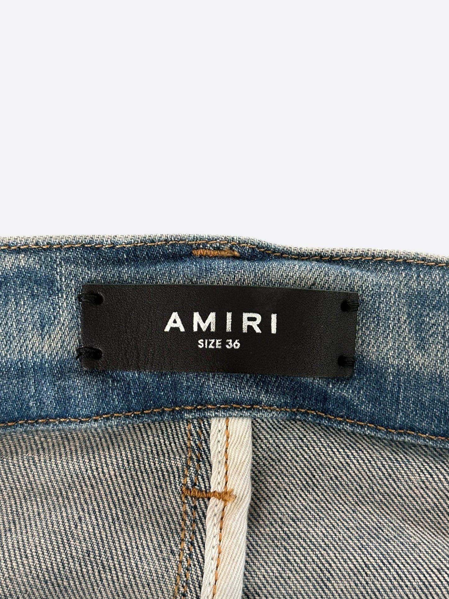Amiri Clay Indigo Red Leather Core Applique Logo Jeans